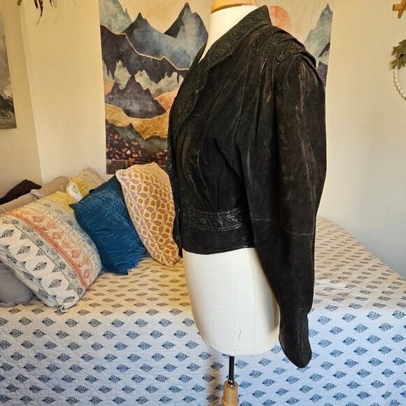 Vintage GIII Black Leather Jacket Size Small Cropped Boho Moto Style Womens - Picture 6 of 11